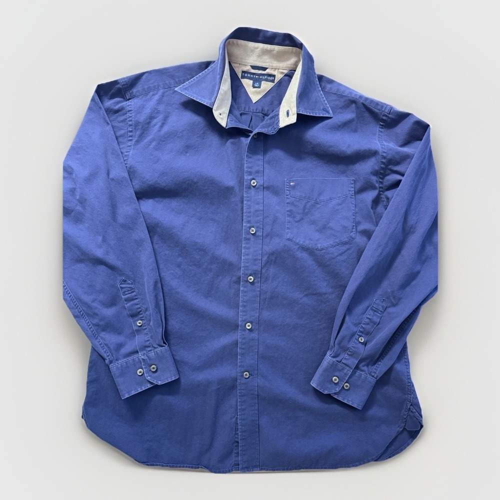 VTG Tommy Hilfiger Shirt Mens Large Blue Y2K Heritage Button Down Long Sleeve